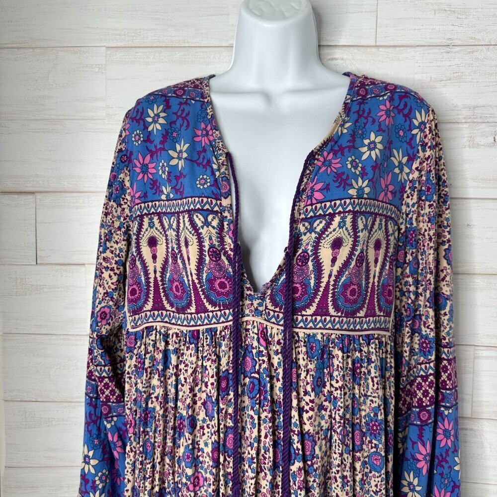 Womens Long Sleeve Floral Print Retro V Neck Tassel Midi Dress Size Medium 8/10 - Picture 2 of 7